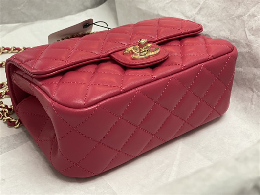 cha.nel mini flap bag with Di*m*nd top handle lambskin gold tone metal red as4140