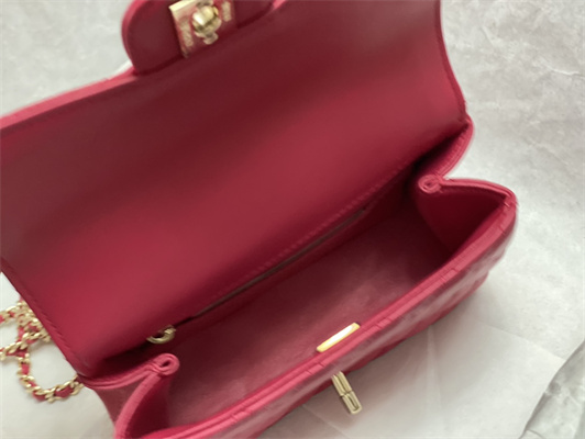 cha.nel mini flap bag with Di*m*nd top handle lambskin gold tone metal red as4140