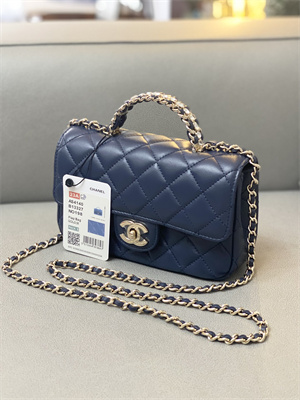 cha.nel mini flap bag with Di*m*nd top handle lambskin gold tone metal navy as4140