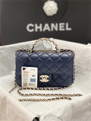 cha.nel mini flap bag with Di*m*nd top handle lambskin gold tone metal navy as4140