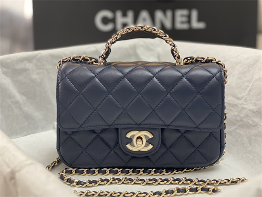 cha.nel mini flap bag with Di*m*nd top handle lambskin gold tone metal navy as4140