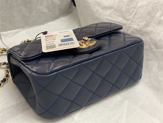 cha.nel mini flap bag with Di*m*nd top handle lambskin gold tone metal navy as4140