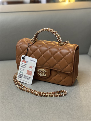 cha.nel mini flap bag with Di*m*nd top handle lambskin gold tone metal brown as4140