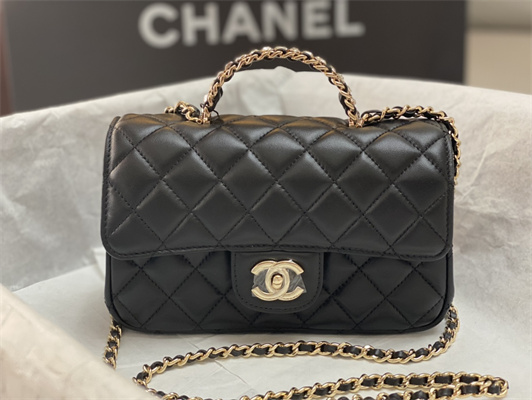 cha.nel small flap bag with Di*m*nd top handle lambskin gold tone metal black as4141