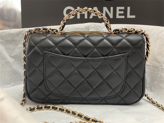 cha.nel small flap bag with Di*m*nd top handle lambskin gold tone metal black as4141