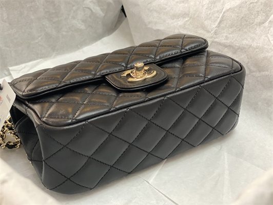 cha.nel small flap bag with Di*m*nd top handle lambskin gold tone metal black as4141