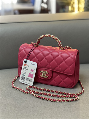 cha.nel small flap bag with Di*m*nd top handle lambskin gold tone metal red as4141