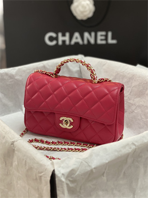 cha.nel small flap bag with Di*m*nd top handle lambskin gold tone metal red as4141