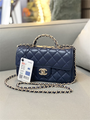 cha.nel small flap bag with Di*m*nd top handle lambskin gold tone metal navy as4141