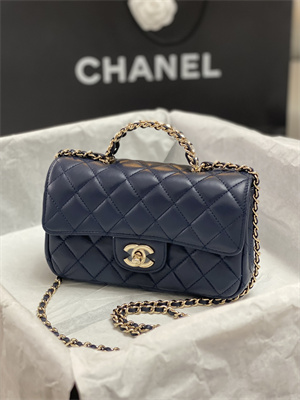 cha.nel small flap bag with Di*m*nd top handle lambskin gold tone metal navy as4141