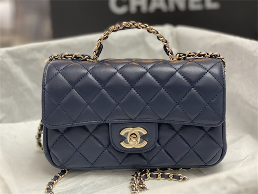 cha.nel small flap bag with Di*m*nd top handle lambskin gold tone metal navy as4141