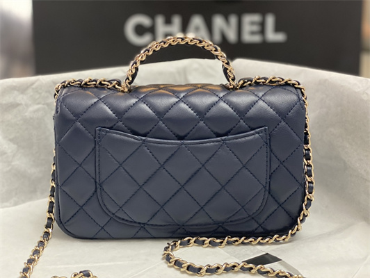 cha.nel small flap bag with Di*m*nd top handle lambskin gold tone metal navy as4141