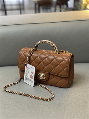 cha.nel small flap bag with Di*m*nd top handle lambskin gold tone metal brown as4141