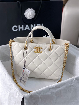 Cha.nel Tote Bag Lambskin Gold Tone Metal White AS4188