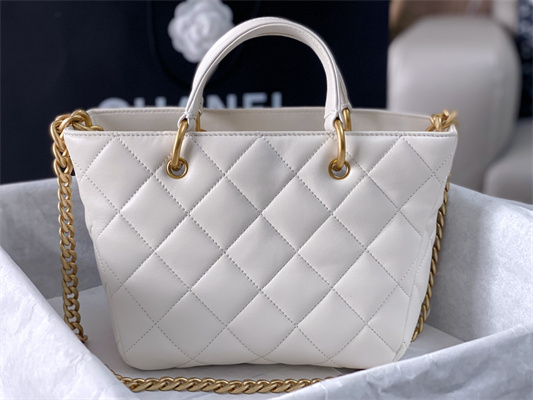 Cha.nel Tote Bag Lambskin Gold Tone Metal White AS4188
