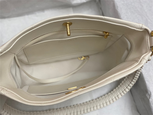 Cha.nel Hobo Handbag Tote Bag Calfskin Gold Tone Metal White AS4210