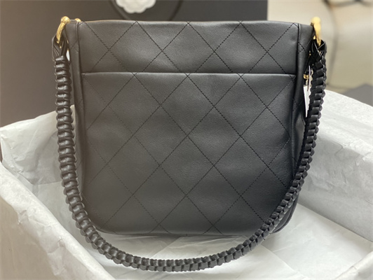 Cha.nel Hobo Handbag Tote Bag Calfskin Gold Tone Metal Black AS4210