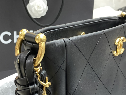 Cha.nel Hobo Handbag Tote Bag Calfskin Gold Tone Metal Black AS4210