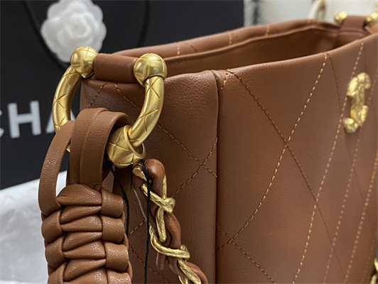 Cha.nel Hobo Handbag Tote Bag Calfskin Gold Tone Metal Caramel AS4210