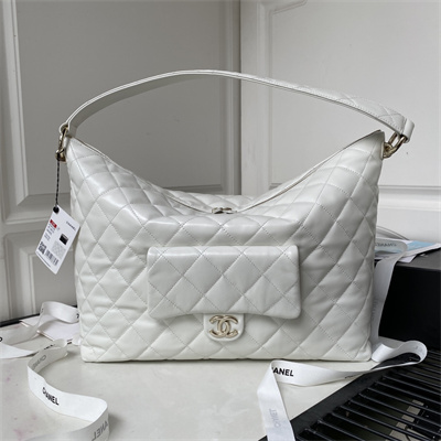 Cha.nel Maxi Hobo Bag Calfskin Gold Tone Metal White AS4339