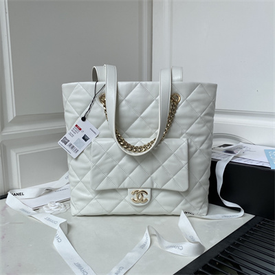 Cha.nel Tote Bag Calfskin Gold Tone Metal White AS4359