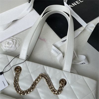 Cha.nel Tote Bag Calfskin Gold Tone Metal White AS4359