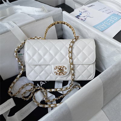 Cha.nel Mini Flap Bag With Top Handle Lambskin Gold Tone Metal White AS4362