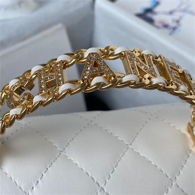 Cha.nel Mini Flap Bag With Top Handle Lambskin Gold Tone Metal White AS4362