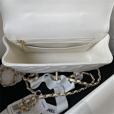 Cha.nel Mini Flap Bag With Top Handle Lambskin Gold Tone Metal White AS4362