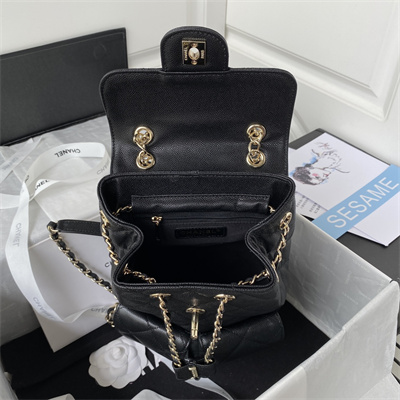 Cha.nel Backpack Grained Calfskin Gold Tone Metal Black AS3200