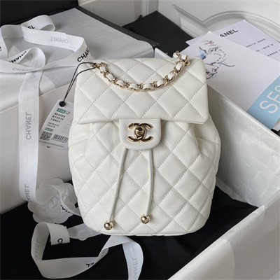 Cha.nel Backpack Grained Calfskin Gold Tone Metal White AS4058