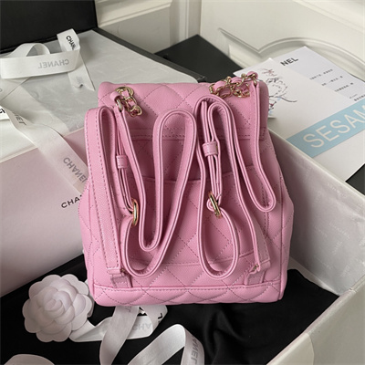 Cha.nel Backpack Grained Calfskin Gold Tone Metal Pink AS4058