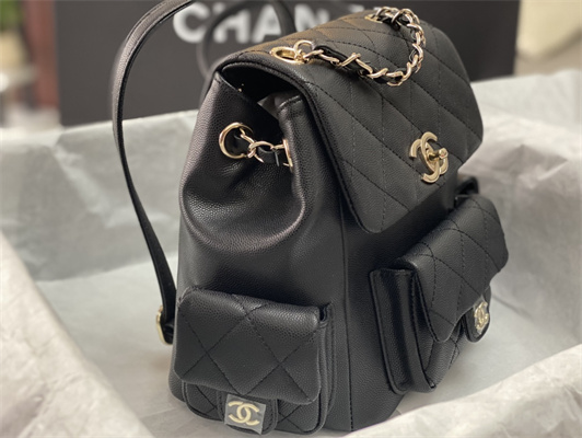 Cha.nel Backpack Grained Calfskin Gold Tone Metal Black AS4398