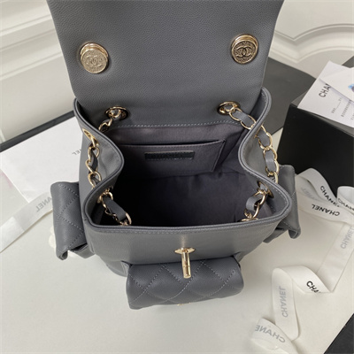 Cha.nel Backpack Grained Calfskin Gold Tone Metal Grey AS4398
