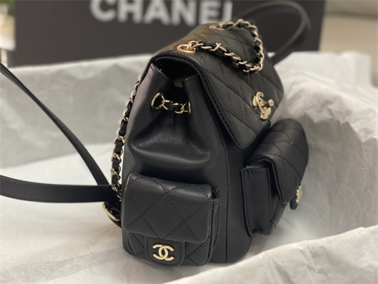 Cha.nel Backpack Grained Calfskin Gold Tone Metal Black AS4399