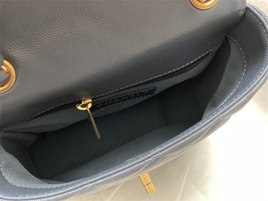 Cha.nel Backpack Grained Calfskin Gold Tone Metal Dk Blue AS4490