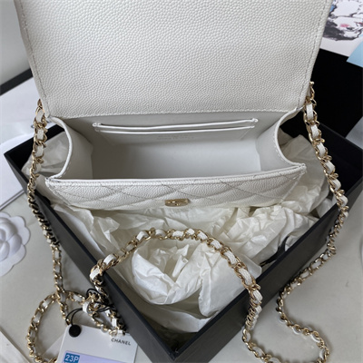 Cha.nel Clutch With Chain Top Handle Grained Calfskin Gold Tone Metal White AP3237