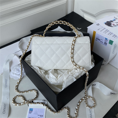 Cha.nel Clutch With Chain Top Handle Grained Calfskin Gold Tone Metal White AP3238
