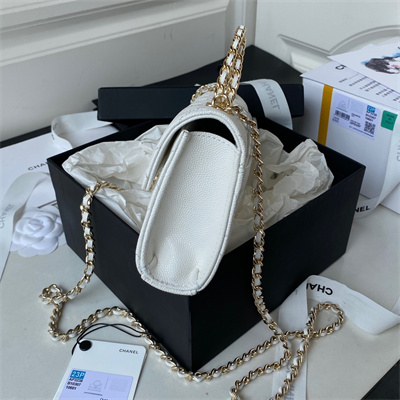 Cha.nel Clutch With Chain Top Handle Grained Calfskin Gold Tone Metal White AP3238