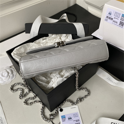 Cha.nel Clutch With Chain Top Handle Grained Calfskin Gold Tone Metal Silver AP3238