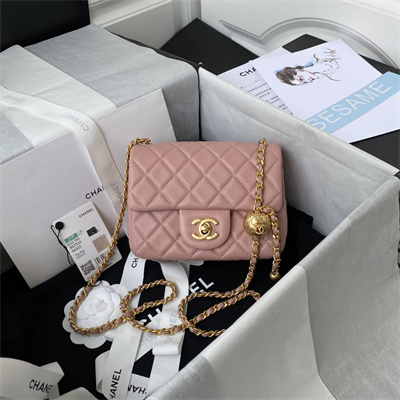 cha.nel S*per mini flap bag lambskin with ball gold tone metal pink as1786