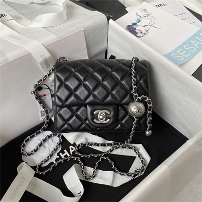 cha.nel S*per mini flap bag lambskin with ball silver tone metal black as1786