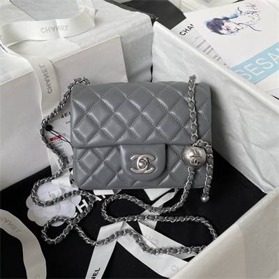 cha.nel S*per mini flap bag lambskin with ball silver tone metal dark grey as1786