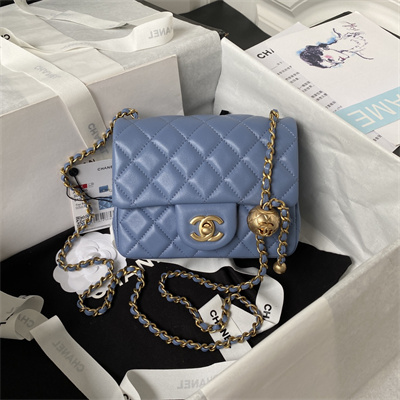 cha.nel S*per mini flap bag lambskin with ball gold tone metal blue as1786