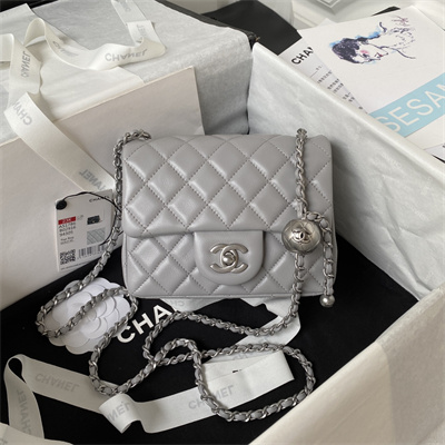 cha.nel S*per mini flap bag lambskin with ball silver tone metal grey as1786