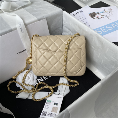 cha.nel S*per mini flap bag lambskin with ball gold tone metal beige as1786