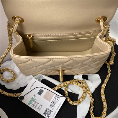 cha.nel S*per mini flap bag lambskin with ball gold tone metal beige as1786