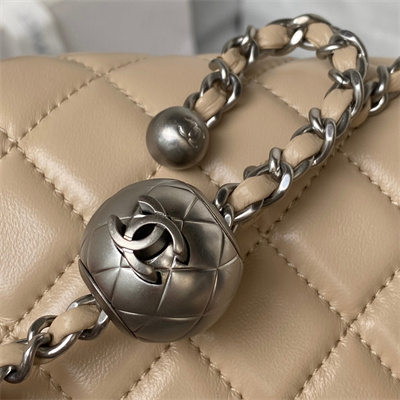 cha.nel S*per mini flap bag lambskin with ball silver tone metal beige as1786