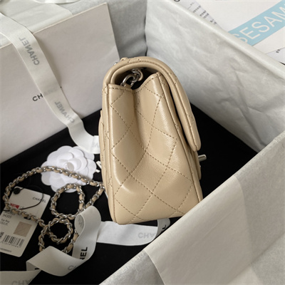 cha.nel S*per mini flap bag lambskin with ball silver tone metal beige as1786