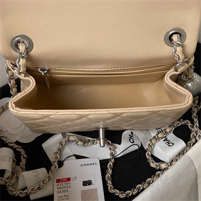 cha.nel S*per mini flap bag lambskin with ball silver tone metal beige as1786